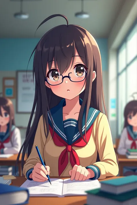 a straight-haired teenage girl who wears glasses at anime school
