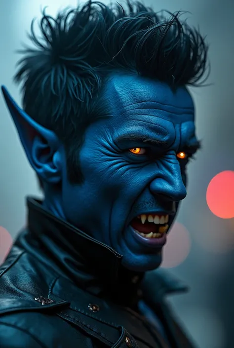 Create a live action movie version of the X-Men hero, nightcrawler kurt in a young adult version with pointy ears, yellow eyes and fangs a little humanized