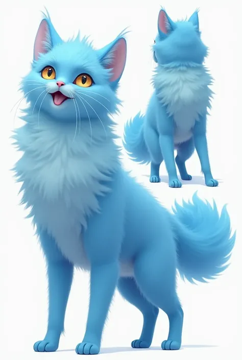 Fluffy and Tall blue cat furry, 3 View fursona Reference.