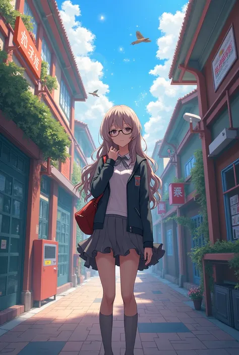 a wavy-haired teenage girl who wears glasses at anime school
