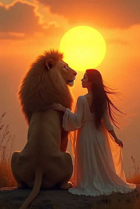 Sitting lion, who looks at the sun. The lion is seen from behind. Aquarius woman is with him and puts her arm on him.
Both look at the sun.