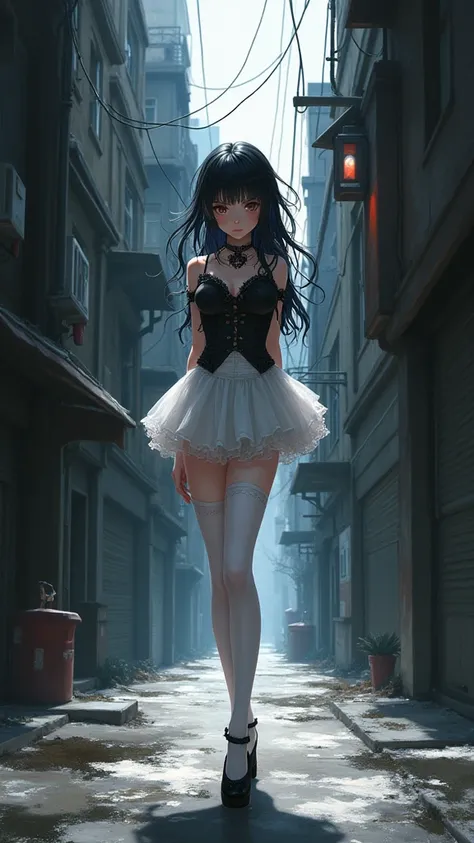 A hot anime girl,estilo Gothic Lolita hot, miniskirt white hot, white thigh high stockings, city alley background, 【No need for LORA to draw the protagonist】Xuer-Anime XL V2, 【No need for LORA to draw the protagonist】Xuer-Anime XL V2