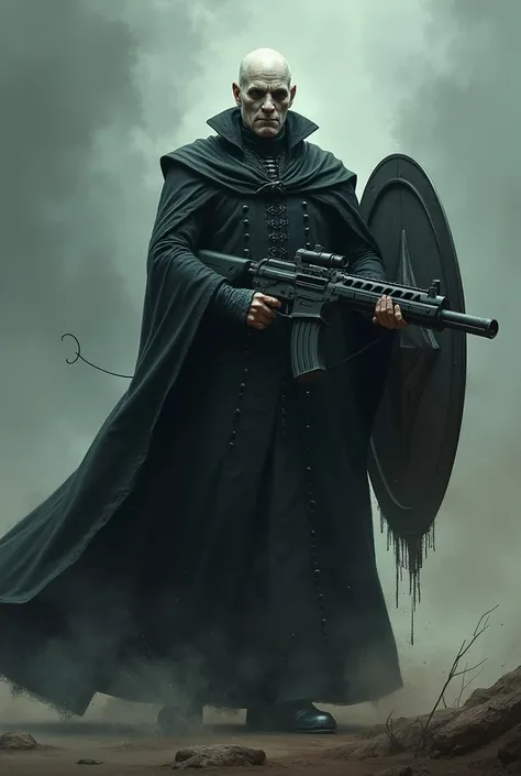 Lord Voldemort holding a machine gun, with a shield on his back