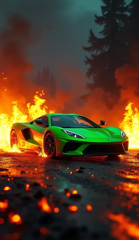 Original wallpaper of a bright green sports car, in a night scene on fire, HD quality