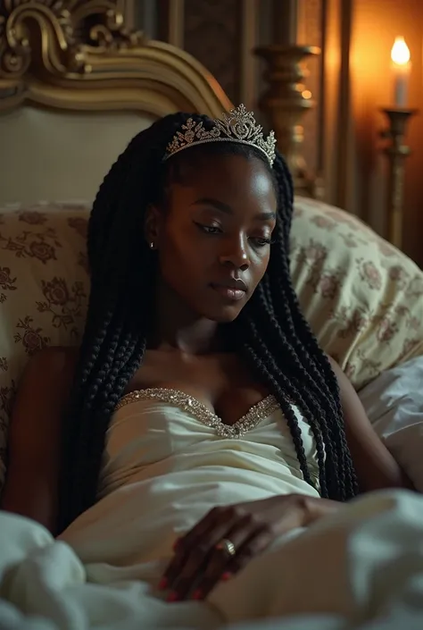 Black-skinned woman with braids and a tiara in a castle bed with insomnia 