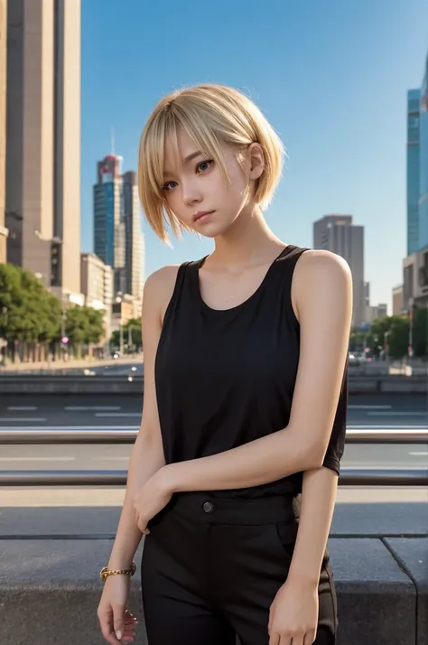 “An anime-style girl with short, blonde hair, wearing a black tank top and pants, standing and gently holding her head with one hand, as if thinking or confused. Her golden hair falls loosely, glowing in the sunlight of a city background. She has a thought...