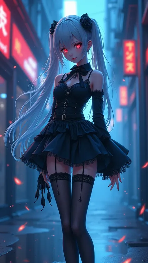 A hot anime girl,estilo Gothic Lolita hot, miniskirt white hot, white thigh high stockings, city alley background, 【No need for LORA to draw the protagonist】Xuer-Anime XL V2, 【No need for LORA to draw the protagonist】Xuer-Anime XL V2, colored glass blue ba...