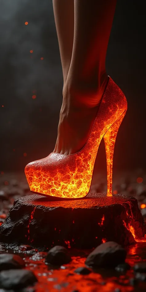 In a dimly lit studio, a stiletto shoe crafted from molten lava sits atop a pedestal. Beautifully detailed feet, adorned with razor-sharp nails, stretch out to grasp the shoes curved heel. Ultra-realistic, photorealistic details shine in 4K resolution, sho...