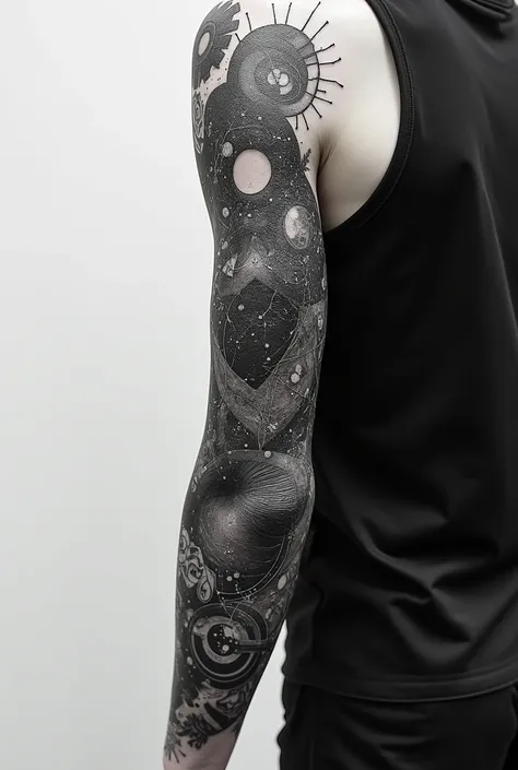 Tatouage en noire et blanc au bras qui illustre une fusion entre lintelligence naturelle et lintelligence artificielle en se basant sur les termes suivants : réseaux de neurones, univers, naturelle et artificielle, mystère existentielle, évolution