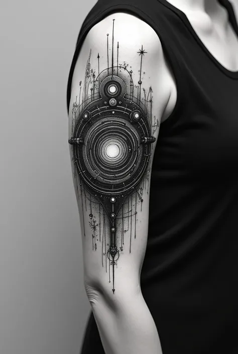 Tatouage en noire et blanc au bras qui illustre une fusion entre lintelligence naturelle et lintelligence artificielle en se basant sur les termes suivants : réseaux de neurones, univers, naturelle et artificielle, mystère existentielle, évolution