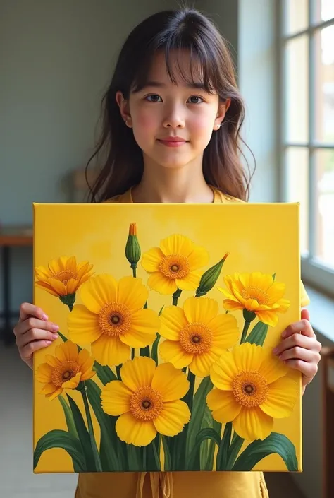 Create a teenager holding a painting of yellow flowers that is realistic 