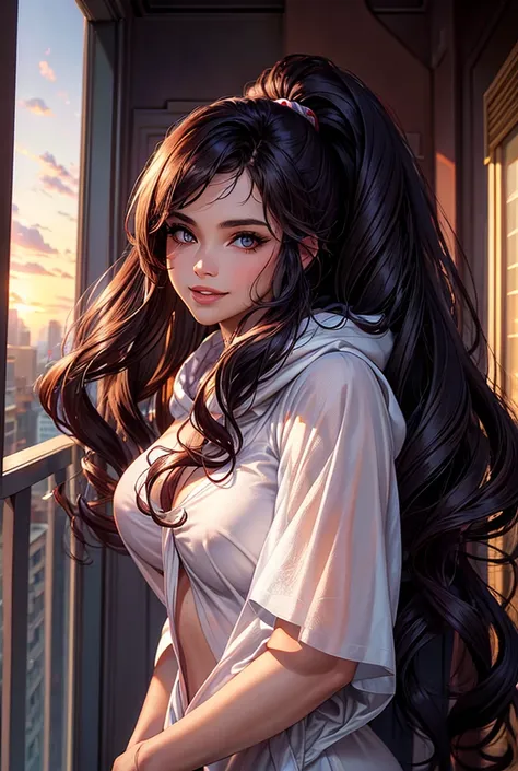 A woman, close no rosto, sexy, linda, attractive, smiling, wearing a hood, full lips, wavy hair, light eyes, flushed skin, masterpiece, high resolution, detail, on the balcony of the window you can only watch the sunset