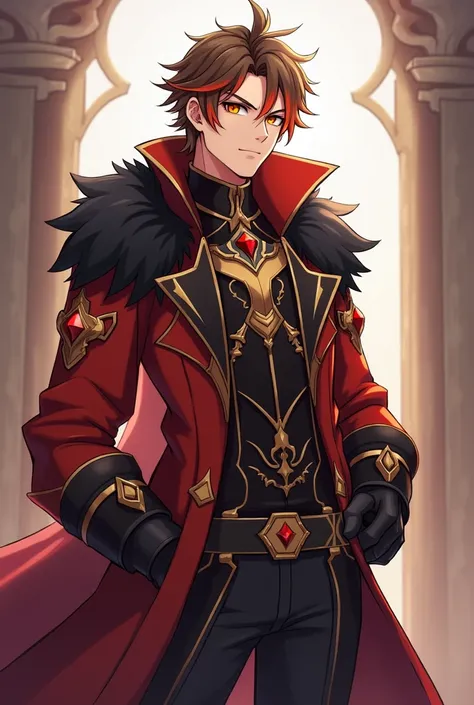 (Genshin impact), A man. he has short, tousled brown hair with orange tips, and amber eyes. hes wearing a high collared coat in shade of red and black with golden accents the coat lined with black fur and he wears light armor