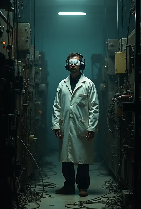 . The person is wearing a blindfold and headphones, as a scientist, in a white coat, observe carefully. The room is full of old equipment, with wires and machines that blink slightly. The atmosphere is dark and intriguing, with dim lighting and an atmosphe...