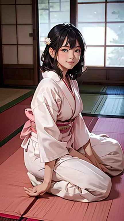 ((Best Quality)), ((masterpiece)), (detailed),Perfect Anatomy 1.5,Natural Light,Steam 1.3,Sweat all over the body,(((Full-body shot of a childlike woman on a tatami mat in a ryokan,Blushing and so cute))),Woman with long, supple black hair,Shiny hair,((Bes...