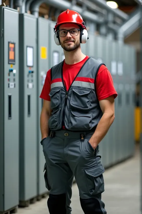 Full body of electrical technician worker, wearing uniform, on the head red helmet with white earmuffs and safety glasses. On the torso a red t-shirt and above that a vest with a red top. below a horizontal reflective line, Following the bottom of the vest...