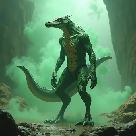 Bird with human body, covered with crocodile skin, has a crocodile tail, stands on two legs, has green smoke floating around it, in a realistic futuristic style.