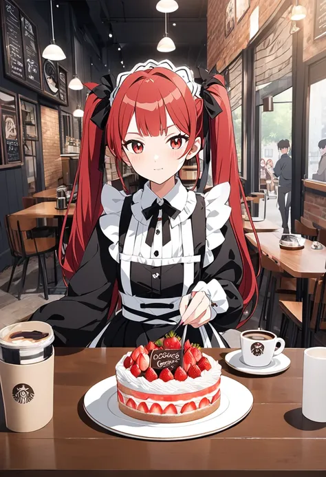 Promotional Photos, Anime Style, The location is a coffee shop, 1 girl, Face, Waitress bringing cake to the table, Red hair twintails, A gentle face in half Gothic and half maid costume、Image of strawberry, White-based clothing,