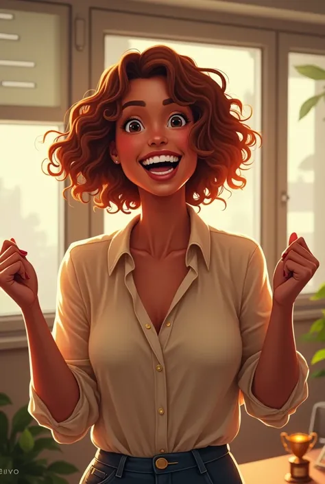 Cinnamon-skinned woman celebrating a professional achievement.
short wavy hair
