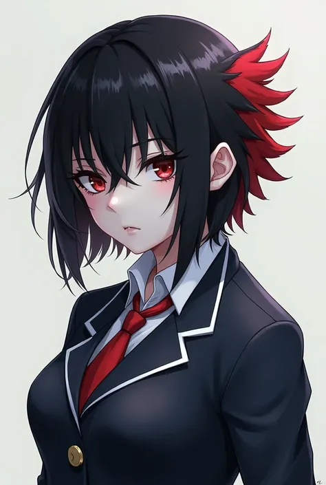 A character with cool skin color, black hair, black eyes and red hair and a Japanese Gakuran uniform.