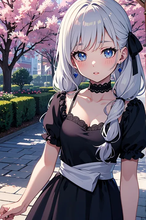 A beautiful girl in a light blue Lolita dress looking at flowers, a beautiful garden, trees, clear sky, short sleeves, ruffled dress, innocent look, big rounds breasts, white hair, blue bangs, hair intakes, long hair, twintails, swept bangs, shiny hair, ha...