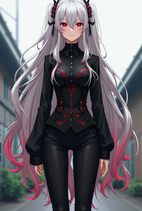 Miraculous style Female student With layered hair(up to almost the waist) with some strands in front White hair with red tips Carmine eyes natural expression Has a cut in the shape of a horizontal line in the right eye She is wearing a black corset with re...