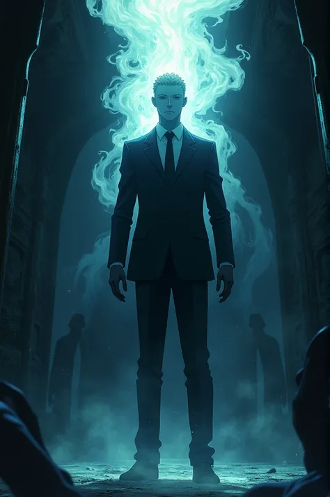 Generate an image of a guy in a suit (anime style). He is absorbing souls in a dark ship scenario, his face is not shown