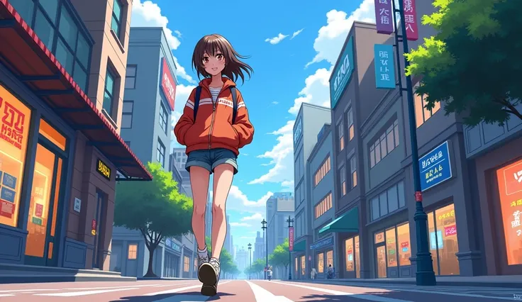 anime style, A girl walks around the city with a cheerful face. side long shot angel