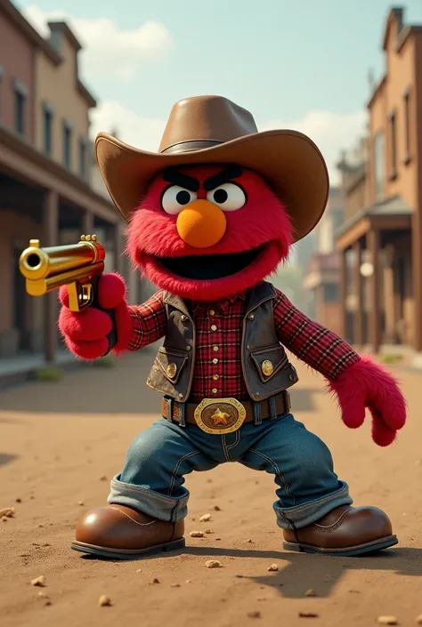 Elmo wearing cowboy hat and outfit. Shooting a golden colour gun. With a background of cowboy town. High Resolution, Best Quality, Detail, High Quality, UHD, Angry, Cowboy Shot, 