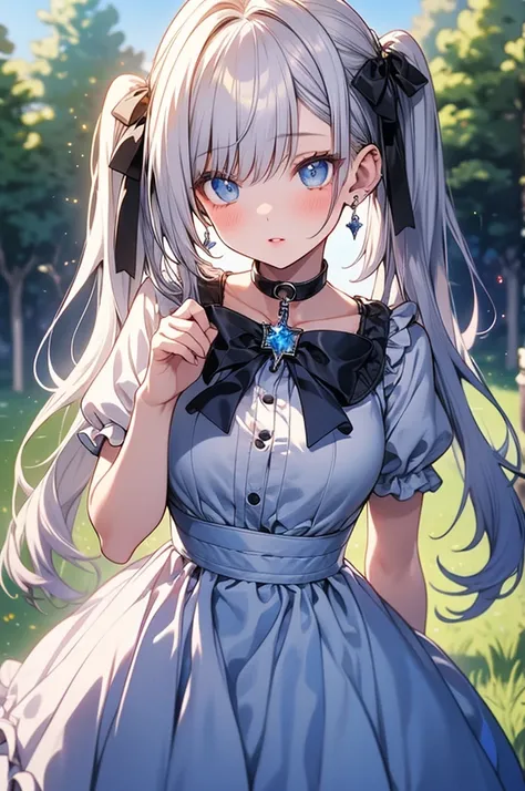 A beautiful girl in a light blue Lolita dress looking at flowers, a beautiful garden, trees, clear sky, short sleeves, ruffled dress, innocent look, big rounds breasts, white hair, blue bangs, hair intakes, long hair, twintails, swept bangs, shiny hair, ha...