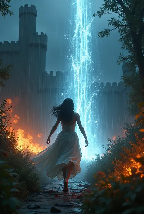 A rainy night in a castle garden that is attacked by fire forces, a beautiful woman runs covered in blood  in to the forest and sends magic to the water that creates a wall of ice .