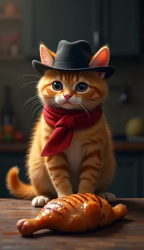 “Create a realistic picture. Max, a chubby orange kitten, is standing in a dark corner of the kitchen. Its soft fur gleamed faintly, contrasting with the small black hat on its head and the red scarf tied neatly behind it. His gaze was fixed on a piece of ...