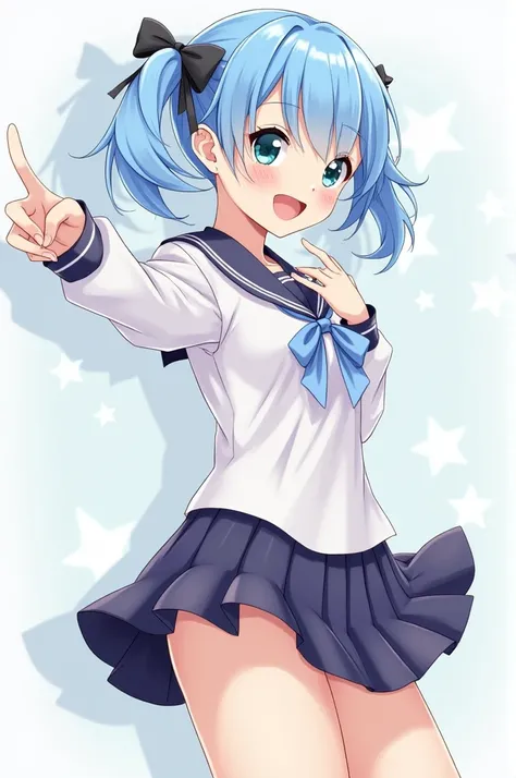 anime, school clothes, raised skirt, without underwear, blue hair, blue hair in vagina