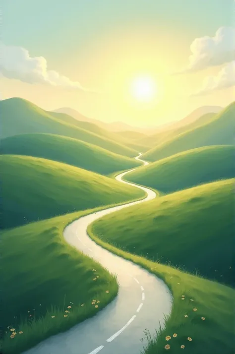 Create a serene landscape depicting a winding road that symbolizes lifes journey. Include gentle hills and curves that suggest a turn ahead, with a bright horizon in the distance. The scene should convey a sense of hope and tranquility, emphasizing the ide...