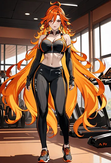 (masterpiece), (detailed anime style), beautiful mavuika, fitted sports bra, fitted leggings, orange hair, very big breasts, i w...