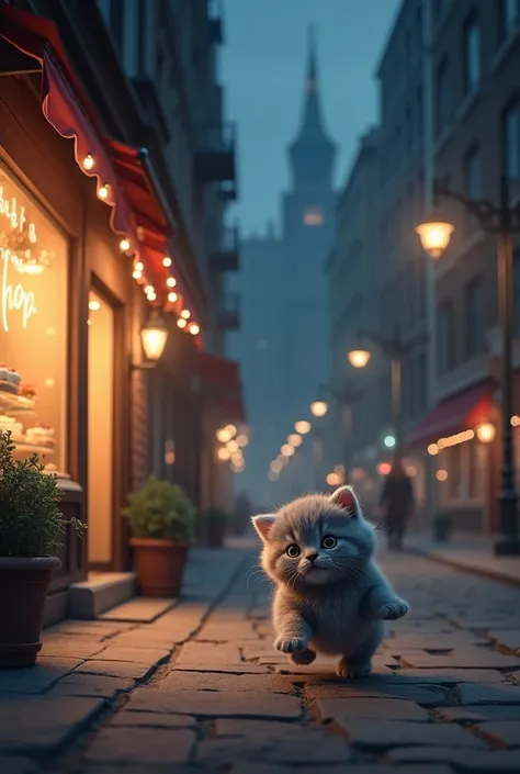 Picture of a gray kitten being chased out of a cake shop on the side of a city road by the shop owner. The cat looks sad at night.