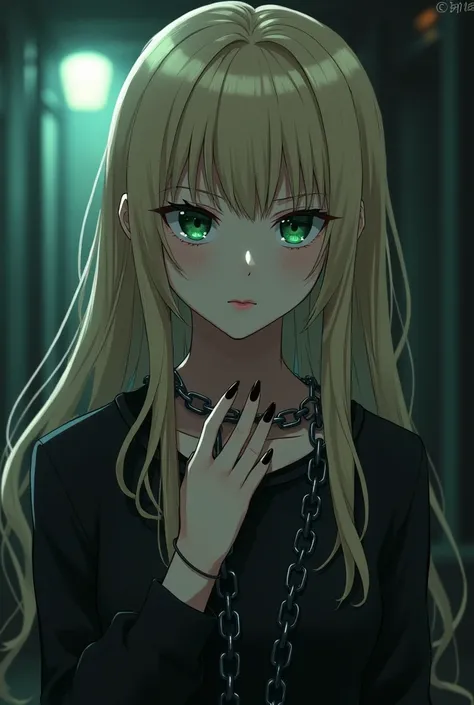 Girl by the light, green eyes, Long blonde hair, with black nails, nota, anime Having sex with a black boy, no beard, not, and chain around the neck