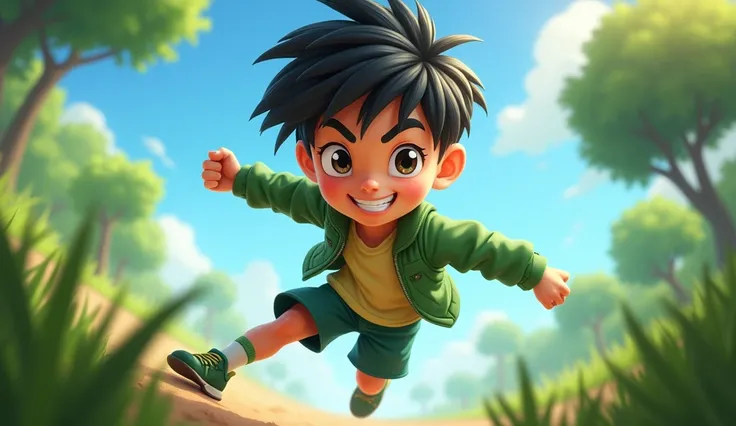 Create an image of a young, energetic boy with spiky black hair and bright, determined eyes. He is wearing a green jacket and shorts, with an athletic build and a confident smile. The boy looks adventurous and ready for action, standing in a natural enviro...