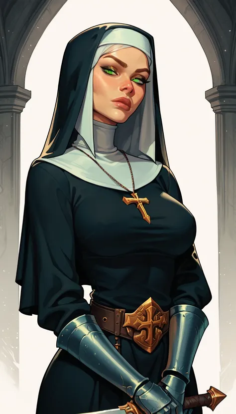 Warrior nun, Paladin, knight, toned, athletic, large breasts, armor, holding a crossbow, looking at viewer, stern expression.