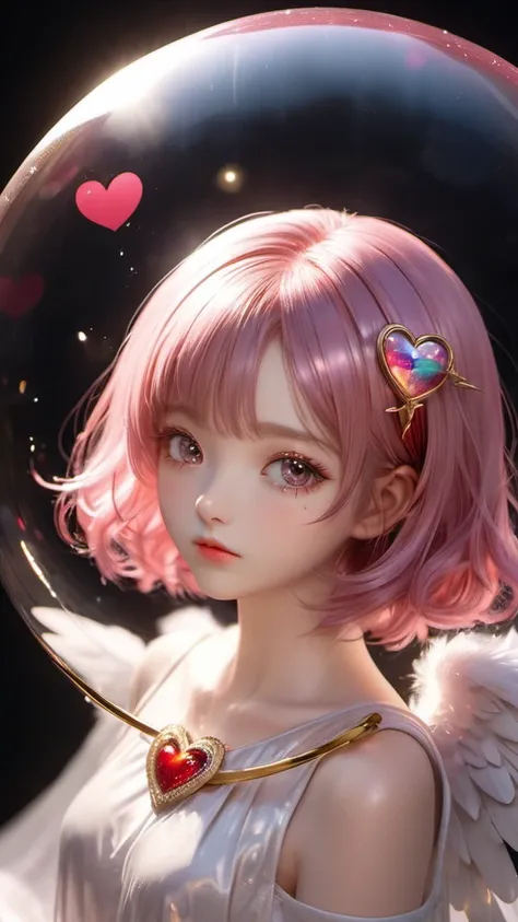 In a golden transparent glass bubble, Dark Star Background, A beautiful pink-haired 20-year-old angel with a red heart, k resolution super detailed,Angel halo, Bust Up,Facing forward,heart,gaze, Odd Eye,Heart-shaped hair accessory, 