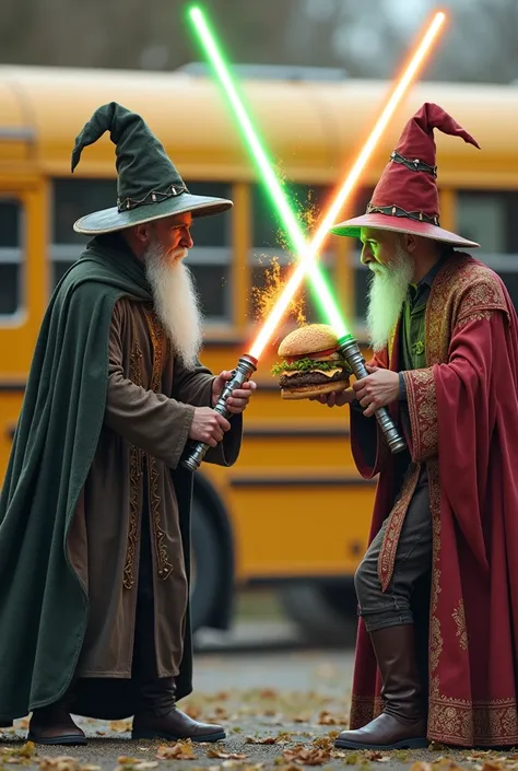 Two medieval wizards fight with lightsabers while one eats a giant burger, school bus background 