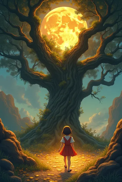 magic style: Use warm and golden colors to give it a magical and attractive air., with a contrast that makes the tree and the coins stand out. Let a girl come out looking at the tree and also the moon. Let it be anime