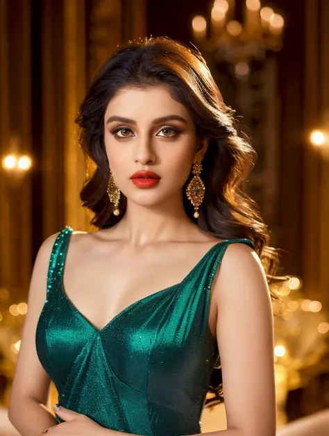 (realistic,photorealistic,photo-realistic:1.37),highly detailed indian girl, emerald glitter strapless frock ,gorgeous Russian 20 year woman,beautiful detailed eyes,beautiful detailed plump red lips,realism style,dynamic pose,full body,8k quality,depth fie...