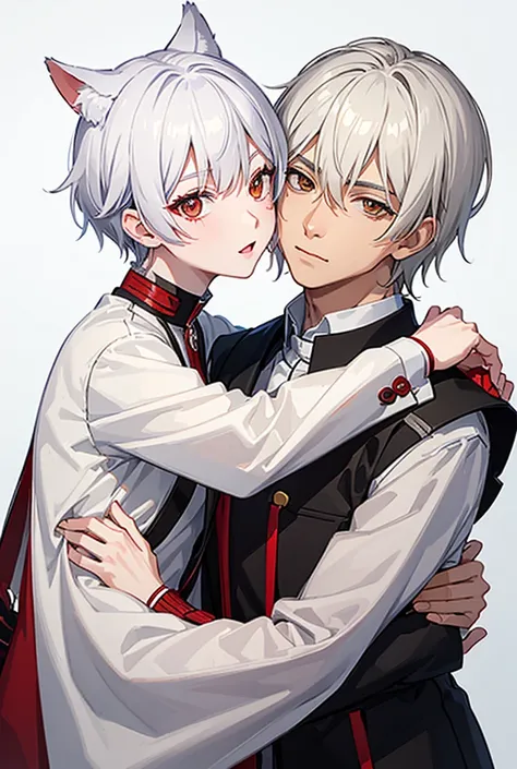 Make a man with short hair, Kitsune human male,Alone,taken, man, Red stripes on the cheek, white hair 