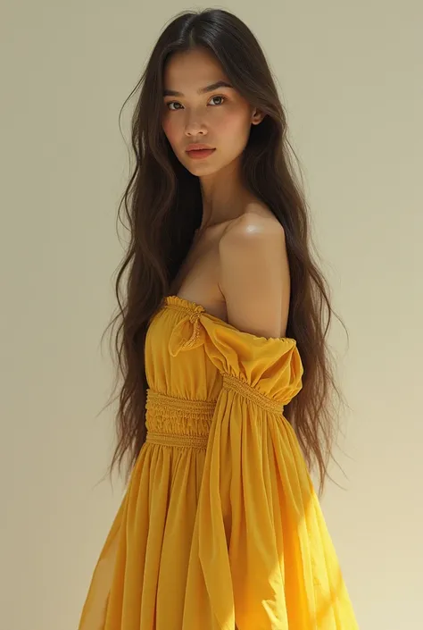 girl with long straight hair to mid back, slightly yellow in color, skinny, with long dress and sleeves, of Colombian roots