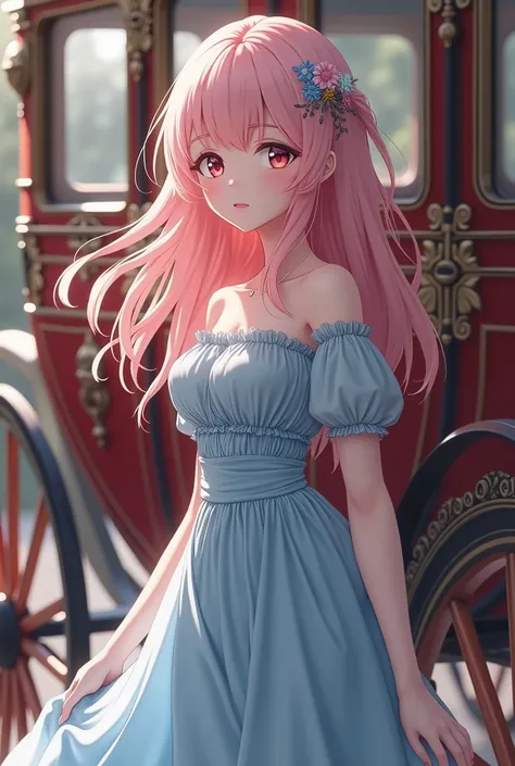 20 yo beautiful anime girl with baby pink hair and dark pink eyes in blue dress standing beside a horse carriage 