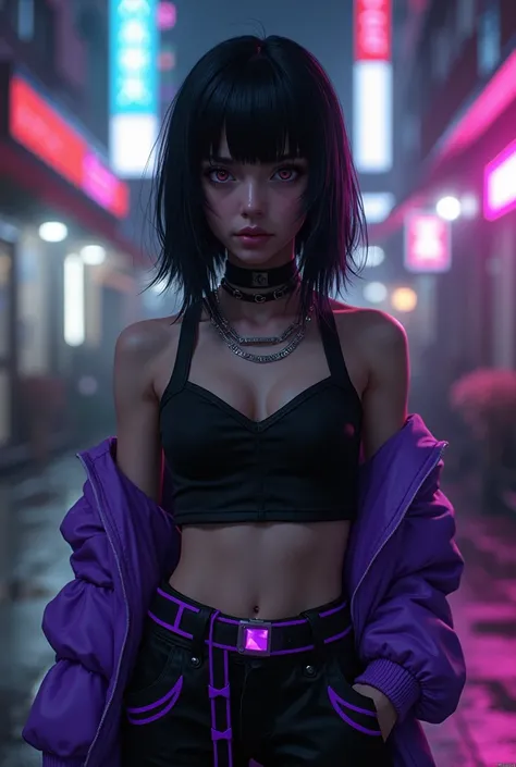 1boy,flat chest,trap,transwoman,femboy,cyberpunk universe,dark skin,black straight hair,purple details in the clothes,street cyberpunk night background,general plan photo