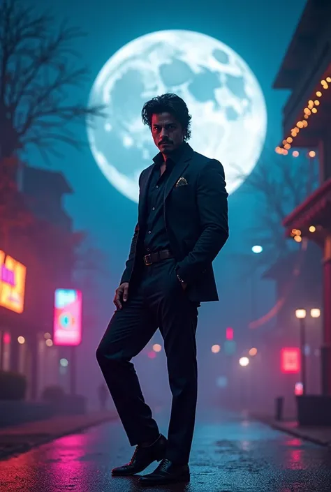 A man  in shahrukh khan  pose in full moon night with neon lights 

