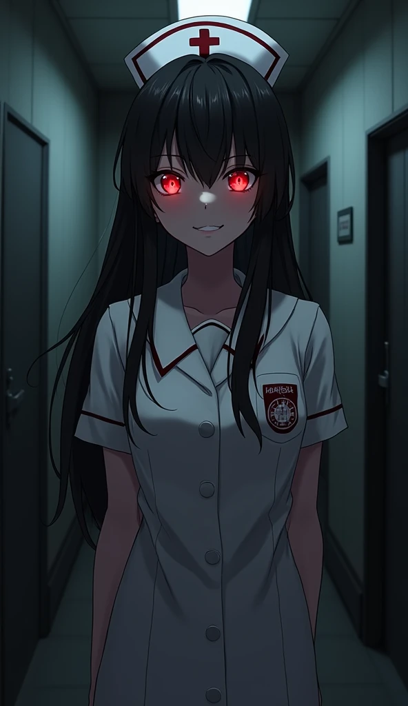 masterpiece, Best Quality, High resolution, Very detailed,(((Black Hair Girl))), (((Japanese Anime))), (((Long Hair))), (((Red eyes glowing))), (((Nurse uniform))), (((Dark corridor))), (((Yandere))), (((smile))), 