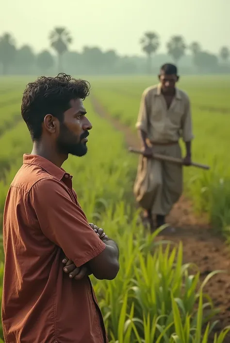 The son watching his father work with a mix of frustration and admiration. He’s standing at the edge of the field, gazing at his father with crossed arms, unsure but still learning image highly realistically. And dont give in cartoon pictures show real ind...